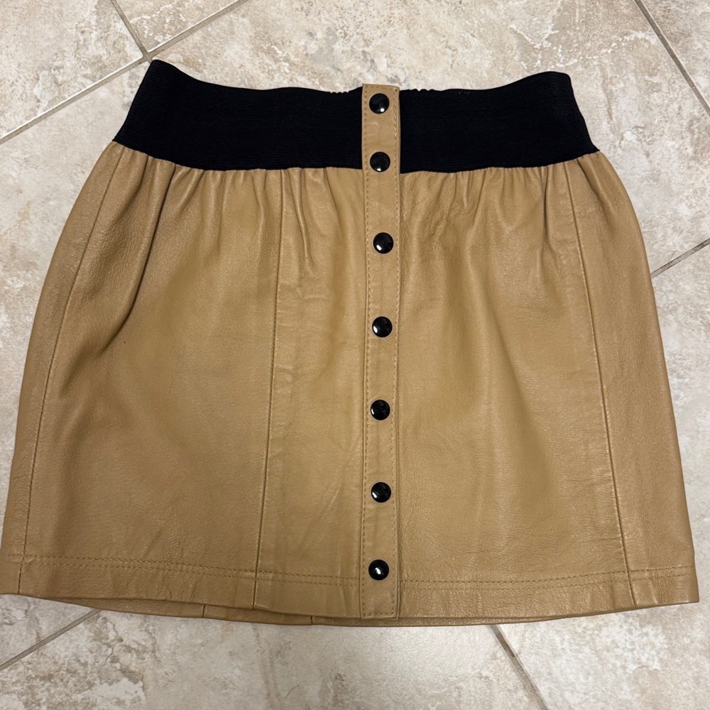 Faux Leather Tan Mini Skirt with Black Elastic Waistband